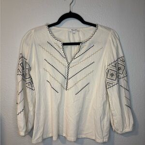 Madewell Cream Peasant Blouse with Navy & Tan Embroidery